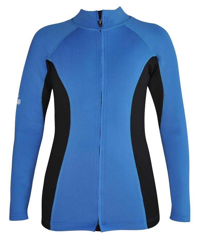 Women's Ocean series wetsuit top. Blue Black. Long Sleeve. Full zip