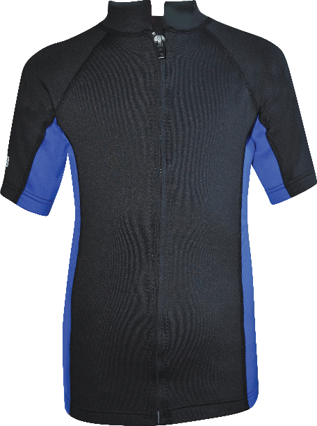 Regular size kids wetsuit top. Black Blue. Full zip at front.