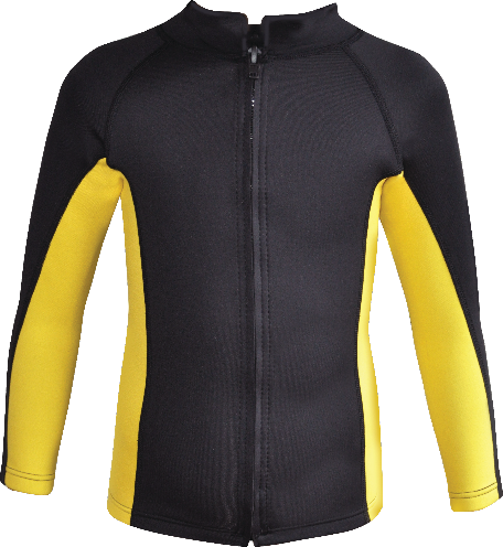 Regular size kids wetsuit top. Black Yellow. Long sleeve. full zip.