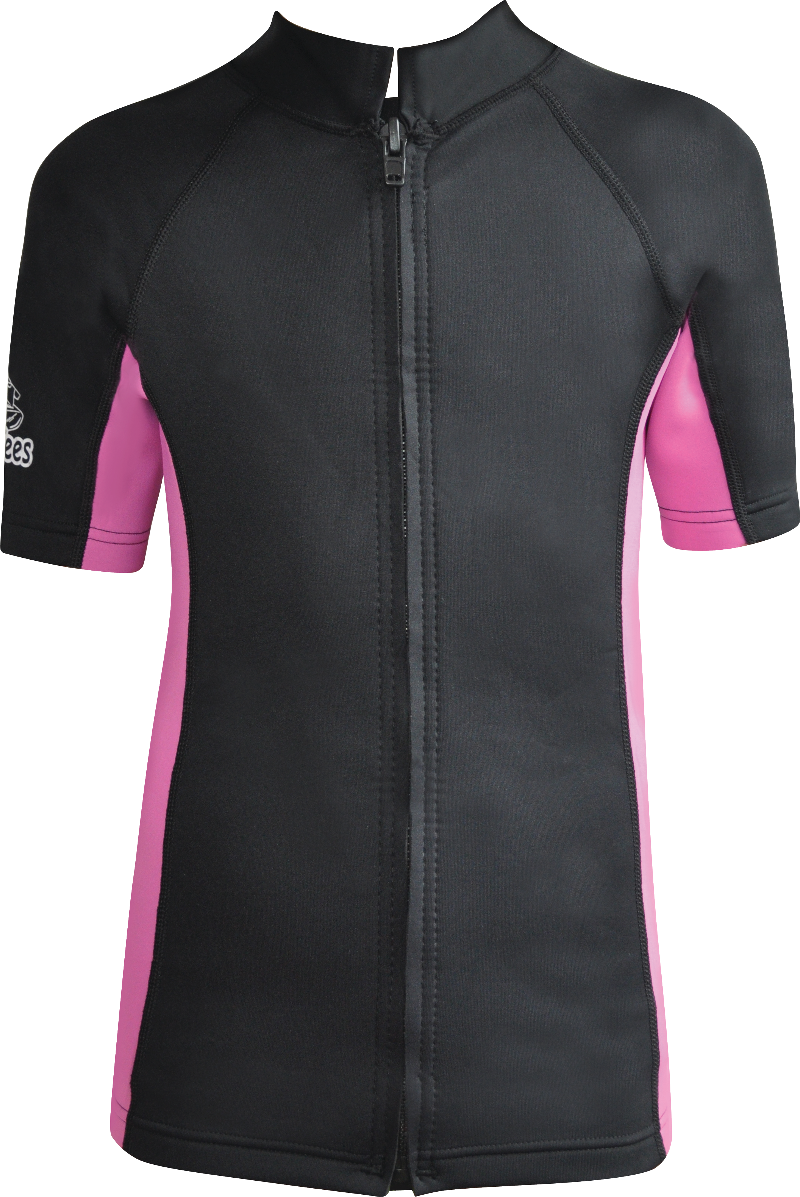 Regular size kids wetsuit top. Black Pink. Full zip at front.