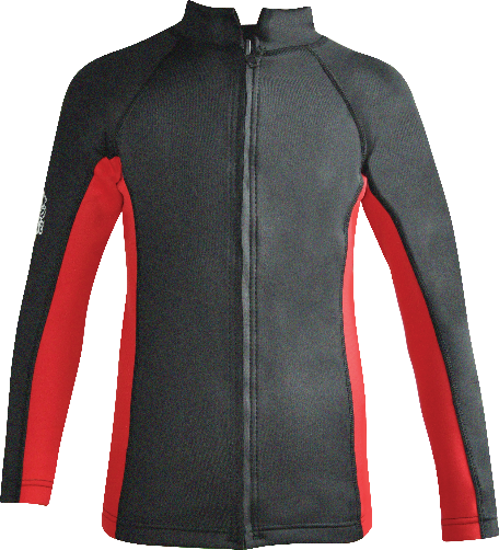 Regular kids wetsuit top. Black Red. Long Sleeve. Full zip