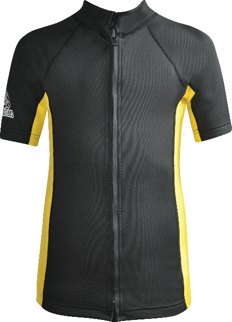 Regular size kids wetsuit top. Black Yellow. Full zip at the front.