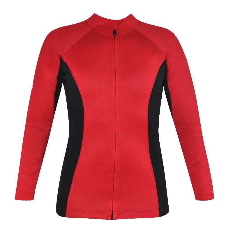Women's Chlorine Resistant Instructor Series Wetsuit top. Red Black Long Sleeve. Full Zip