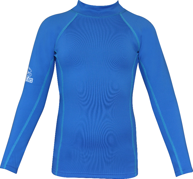 Regular size kids wetsuit top. Blue. Long Sleeve. Zip in neck.