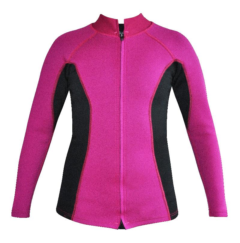 Women's  Chlorine resistant Instructor Series Wetsuit top. Long sleeve. Pink with Black sides. Full zip.