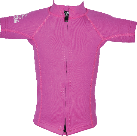 Regular size kids wetsuit top. Pink. Short Sleeve. Full zip at front.
