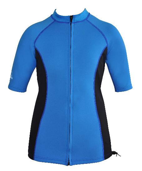Women's Ocean series wetsuit top. Blue Black. Short Sleeve. Full zip.