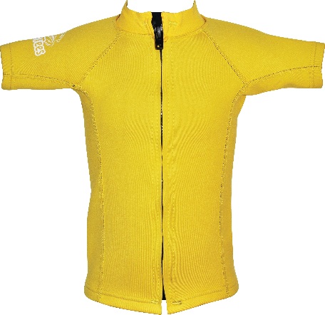 Regular size kids wetsuit top. Short Sleeve.Yellow. Full zip in the front.