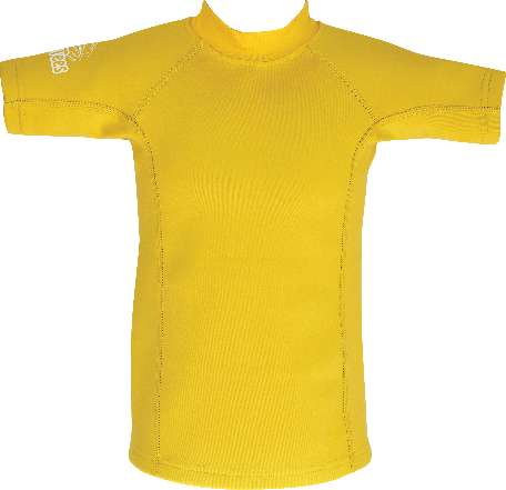 Regular size kids wetsuit top. Short Sleeve. Yellow. Zip in back of neck.