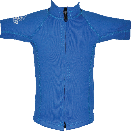 Regular size kids Wetsuit top. Blue. Short Sleeve. Full zip at front.